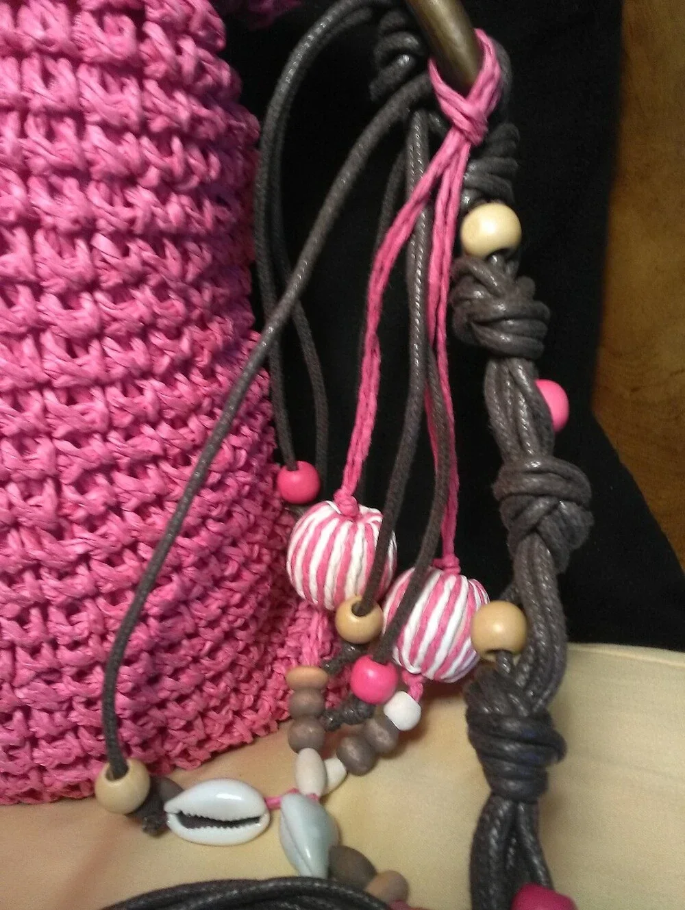 NWOT Handmade Pink Crochet Crossbody Bag LEATHER Beaded Strap